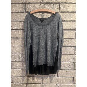 Express Gray Knit Top With Black Sheer Pleated Hemline Long Sleeves Womens M